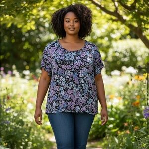 Croft & Barrow Floral Blouse in Purple and Blue Short Sleeve 1X